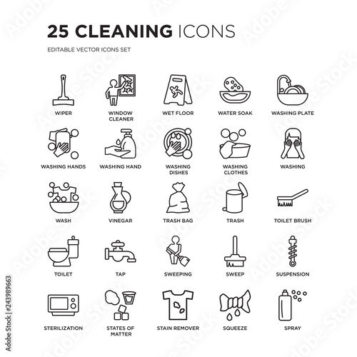 Set of 25 Cleaning linear icons such as Wiper, Window cleaner, Wet floor, Water soak, Washing plate, Washing, Toilet brush, vector illustration of trendy icon pack. Line icons with thin line stroke.
