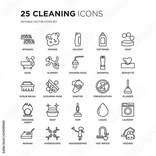 Set of 25 Cleaning linear icons such as Sponges, Sponge, Solvent, Softener, Soap, Serviette, Plunger, Laundry, Hygroscopic, vector illustration of trendy icon pack. Line icons with thin line stroke.