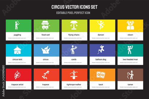 Set of 15 flat circus icons - Juggling, Food cart, Tightrope walker, Clown, Trapeze artist, Balloon dog, Two headed man, Tarot. Vector illustration isolated on colorful background
