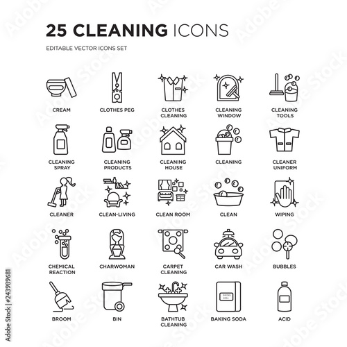 Set of 25 Cleaning linear icons such as Cream, Clothes peg, Cleaning, Window, tools, Cleaner Uniform, vector illustration of trendy icon pack. Line icons with thin line stroke.