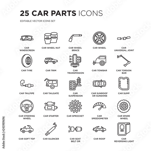 Set of 25 Car parts linear icons such as car windscreen, wheel nut, brace, wheel, universal joint, vector illustration of trendy icon pack. Line icons with thin line stroke.
