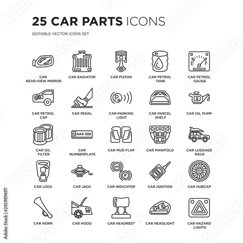 Set of 25 Car parts linear icons such as car rear-view mirror, radiator, piston, petrol tank, gauge, vector illustration of trendy icon pack. Line icons with thin line stroke.