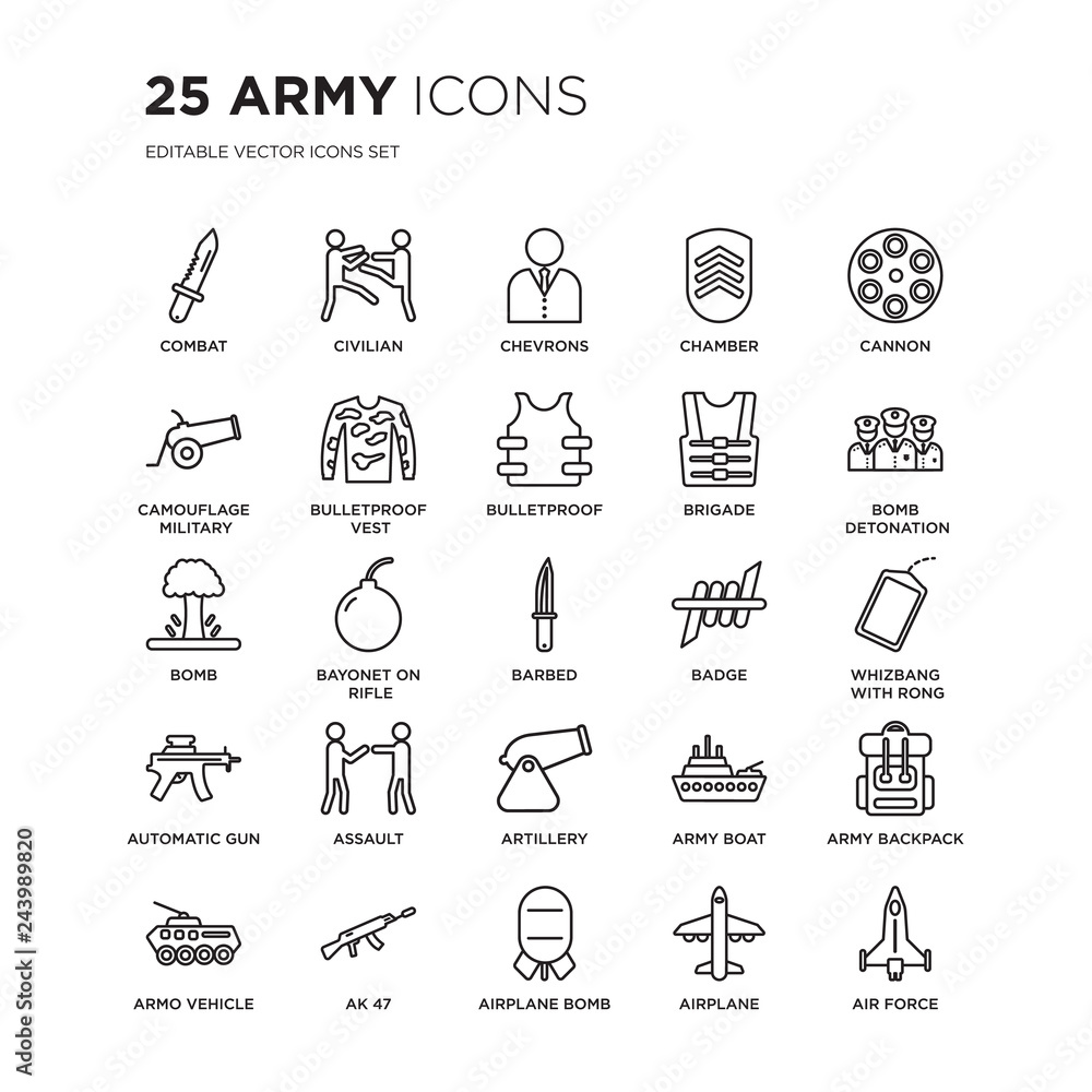 Φωτογραφία Set of 25 Army linear icons such as combat, civilian, chevrons, Chamber, Cannon, Bomb Detonation, Whizbang with Rong, vector illustration of trendy icon pack