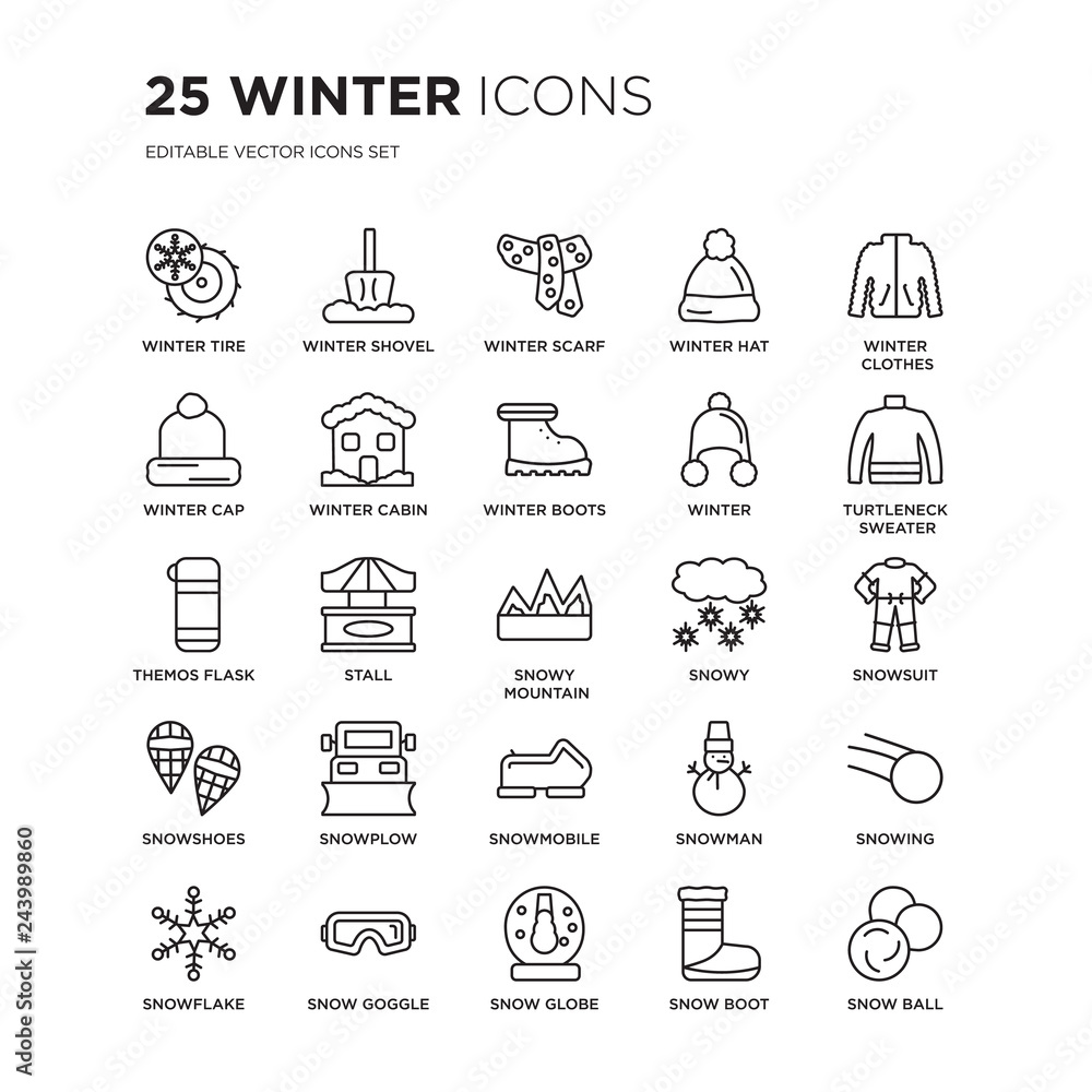 Φωτογραφία Set of 25 Winter linear icons such as tire, winter Shovel, Scarf, hat, clothes, Turtleneck Sweater, vector illustration of trendy icon pack