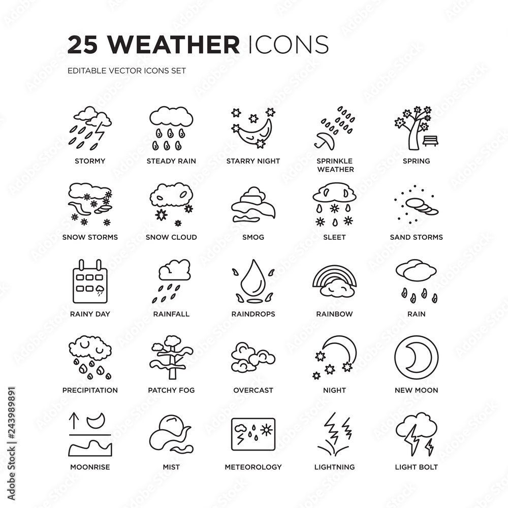 Set of 25 Weather linear icons such as Stormy, steady rain, Starry night, Sprinkle weather, Spring, Sand storms, Rain, vector illustration of trendy icon pack. Line icons with thin line stroke.