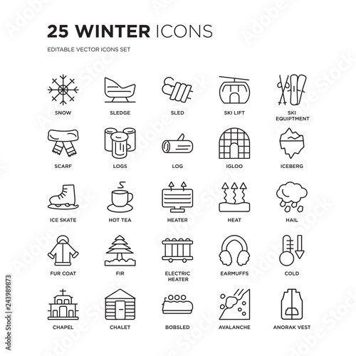 Set of 25 Winter linear icons such as Snow, Sledge, Sled, Ski lift, Equiptment, Iceberg, Hail, Cold, Chalet, Anorak Vest, vector illustration of trendy icon pack. Line icons with thin line stroke.