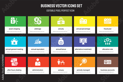 Set of 15 flat business icons - Asset stripping, Arbitrage, Actuary, Fiscal year, After-hours dealing. Vector illustration isolated on colorful background