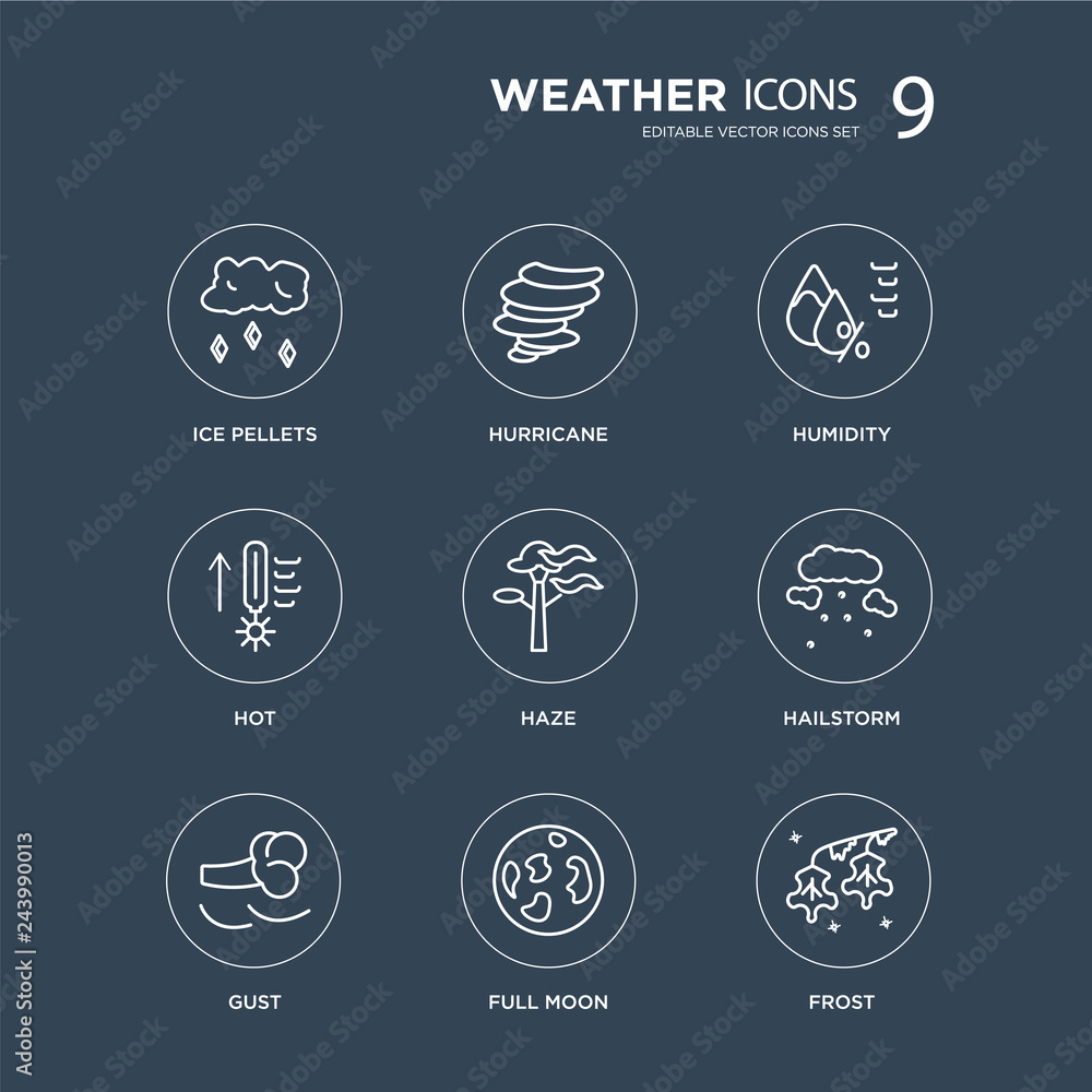 9 ice pellets, Hurricane, Gust, Hailstorm, Haze, Humidity, Hot, Full moon modern icons on black background, vector illustration, eps10, trendy icon set.