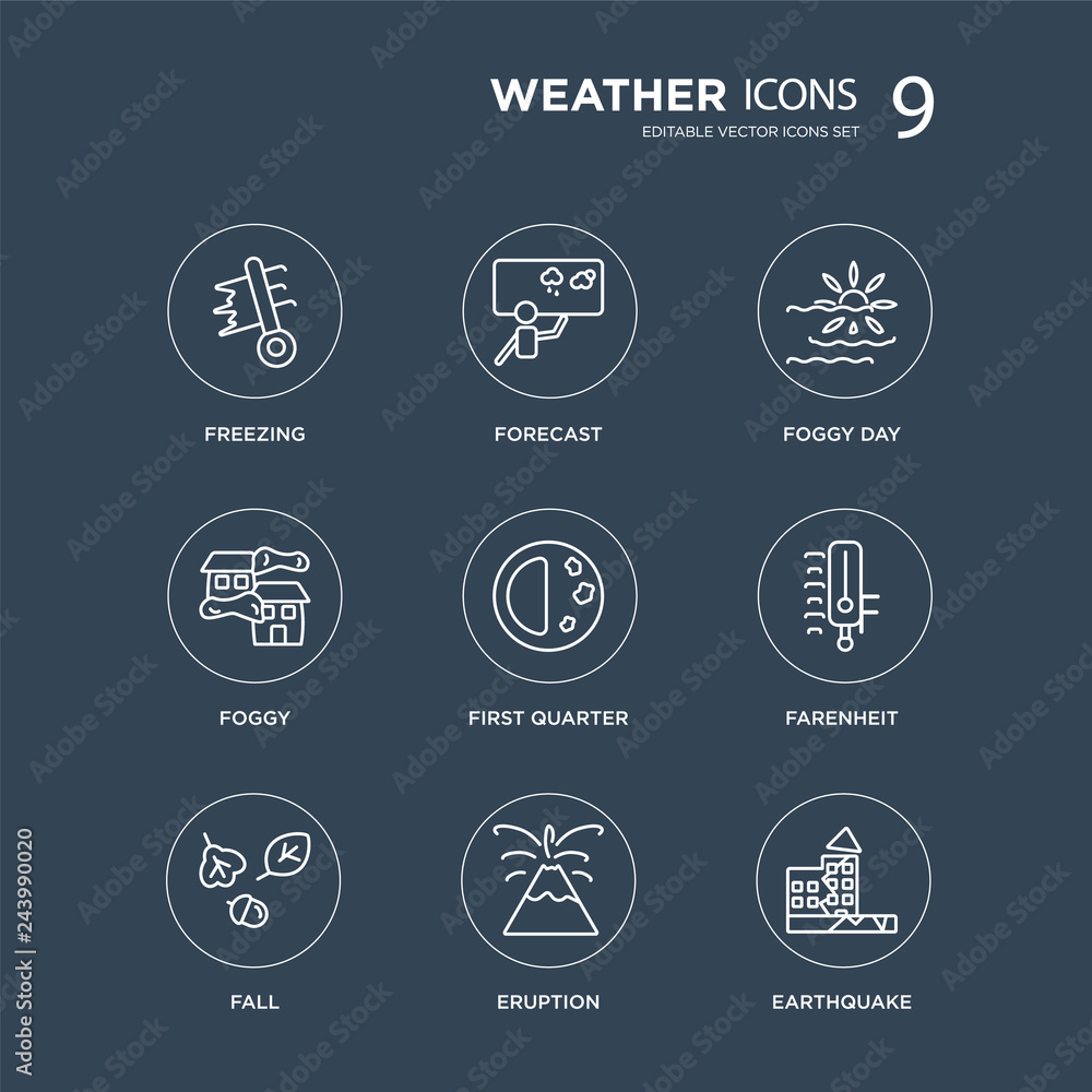 9 Freezing, Forecast, fall, Farenheit, First quarter, Foggy day, Foggy, Eruption modern icons on black background, vector illustration, eps10, trendy icon set.