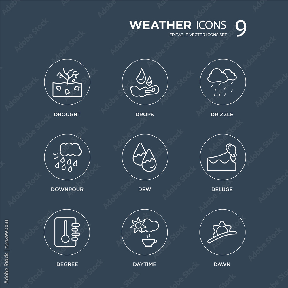 9 Drought, Drops, degree, deluge, dew, Drizzle, Downpour, Daytime modern icons on black background, vector illustration, eps10, trendy icon set.