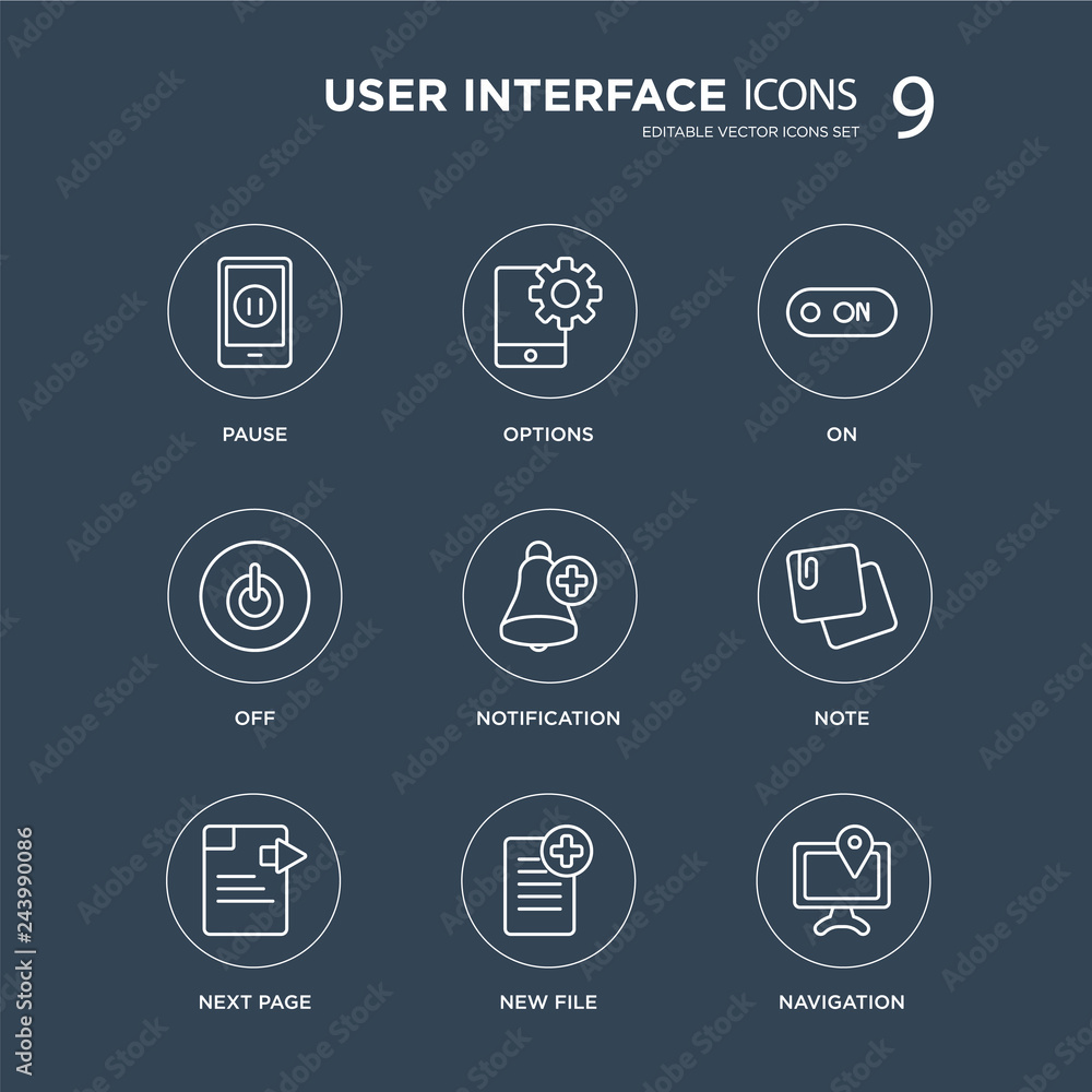 9 Pause, Options, Next Page, Note, Notification, On, Off, New File modern icons on black background, vector illustration, eps10, trendy icon set. 9 Pause, Options, Next Page, Note, Notification, On, Off, New File modern icons on black background, vector illustration, eps10, trendy icon set.