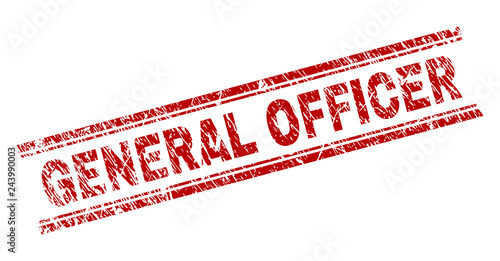 GENERAL OFFICER seal watermark with grunge texture. Red vector rubber print of GENERAL OFFICER text with dirty texture. Text tag is placed between double parallel lines.