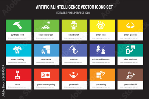 Set of 15 flat artificial intelligence icons - Synthetic food, Solar energy car, Prosthesis, Smart glasses, Robot. Vector illustration isolated on colorful background