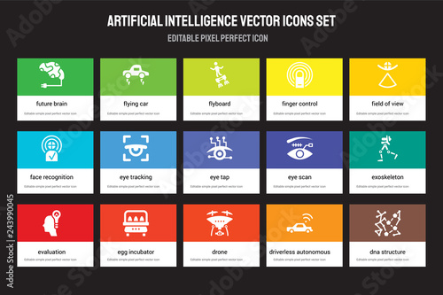 Set of 15 flat artificial intelligence icons - future Brain, Flying car, Drone, Field view, Evaluation. Vector illustration isolated on colorful background