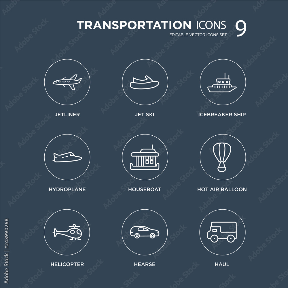 9 jetliner, Jet ski, Helicopter, Hot air balloon, houseboat, icebreaker ship, hydroplane, hearse modern icons on black background, vector illustration, eps10, trendy icon set. 9 jetliner, Jet ski, Helicopter, Hot air balloon, houseboat, icebreaker ship, hydroplane, hearse modern icons on black background, vector illustration, eps10, trendy icon set.