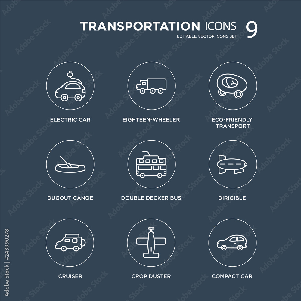 9 Electric car, eighteen-wheeler, Cruiser, dirigible, Double decker bus, eco-friendly transport modern icons on black background, vector illustration, eps10, trendy icon set.