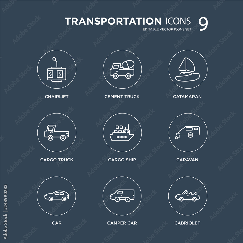 Φωτογραφία 9 chairlift, Cement truck, Car, Caravan, Cargo ship, catamaran, camper car modern icons on black background, vector illustration, eps10, trendy icon set