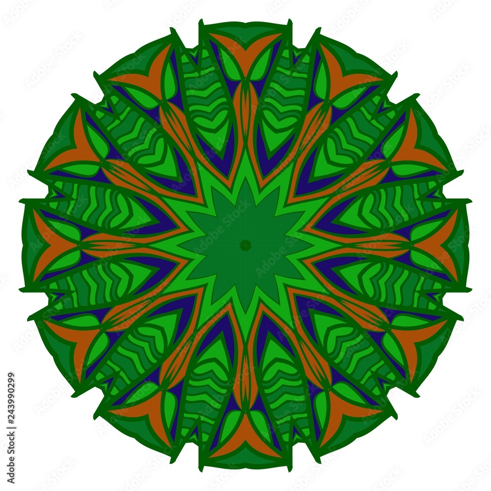 Decorative floral mandala. Vector illustration. Brown, dark blue, green color