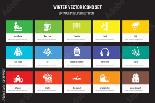 Set of 15 flat winter icons - Ice skate, Hot tea, Bobsled, Hail, Chapel, Earmuffs, Cold, Avalanche. Vector illustration isolated on colorful background