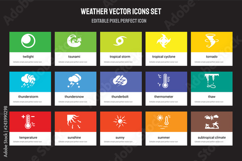 Set of 15 flat weather icons - twilight, Tsunami, Sunny, Tornado, Temperature, Thermometer, thaw, Summer. Vector illustration isolated on colorful background