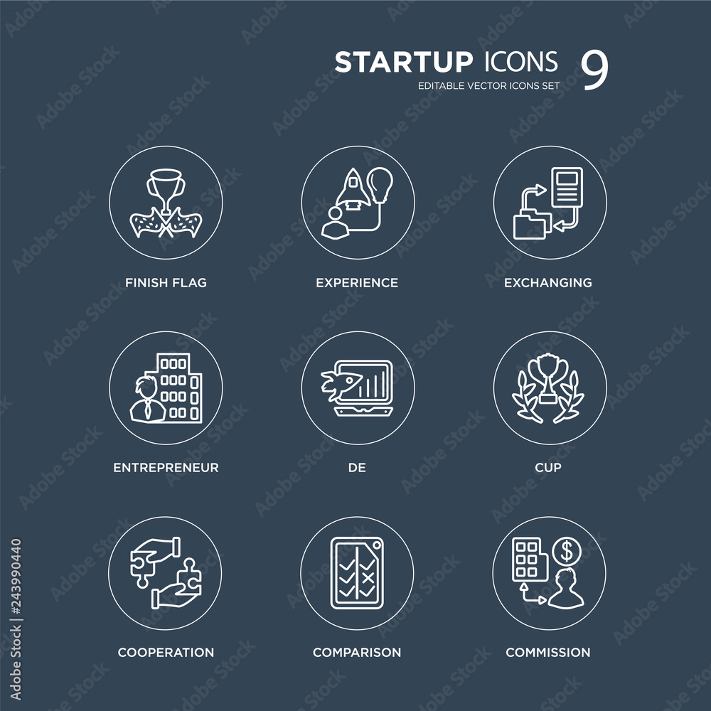 9 Finish flag, Experience, Cooperation, Cup, De, Exchanging, Entrepreneur, Comparison modern icons on black background, vector illustration, eps10, trendy icon set.