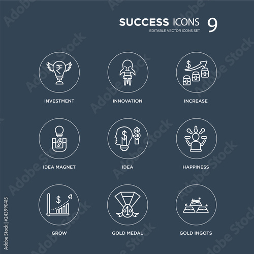 9 Investment, Innovation, Grow, Happiness, Idea, Increase, idea Magnet, Gold medal modern icons on black background, vector illustration, eps10, trendy icon set.