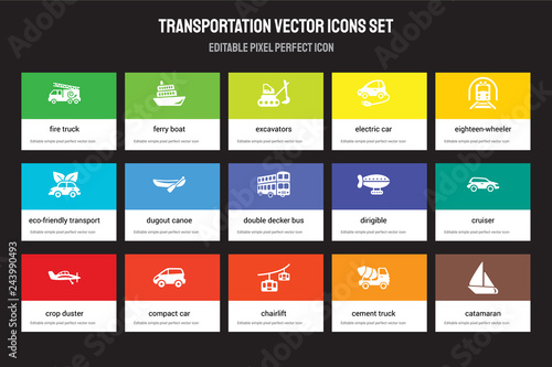 Set of 15 flat transportation icons - Fire truck, Ferry boat, chairlift, eighteen-wheeler, crop duster, dirigible, Cruiser, Cement truck. Vector illustration isolated on colorful background