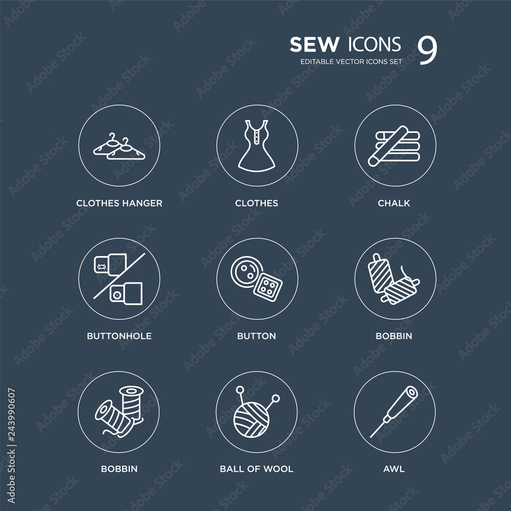 9 Clothes hanger, Clothes, Bobbin, bobbin, Button, Chalk, buttonhole, Ball of wool modern icons on black background, vector illustration, eps10, trendy icon set. 9 Clothes hanger, Clothes, Bobbin, bobbin, Button, Chalk, buttonhole, Ball of wool modern icons on black background, vector illustration, eps10, trendy icon set.