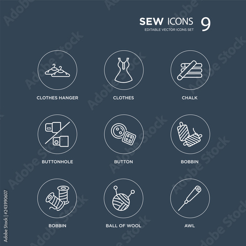 9 Clothes hanger, Clothes, Bobbin, bobbin, Button, Chalk, buttonhole, Ball of wool modern icons on black background, vector illustration, eps10, trendy icon set.