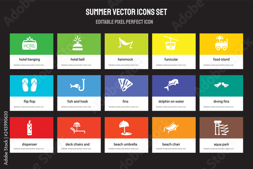 Set of 15 flat summer icons - Hotel hanging, bell, Beach umbrella, Food stand, Dispenser, Dolphin on water waves, Diving fins, chair. Vector illustration isolated colorful background