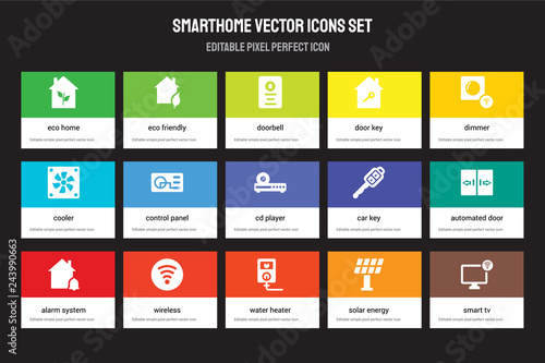 Set of 15 flat smarthome icons - Eco home, friendly, Water heater, Dimmer, alarm system, Car key, automated door, Solar energy. Vector illustration isolated on colorful background