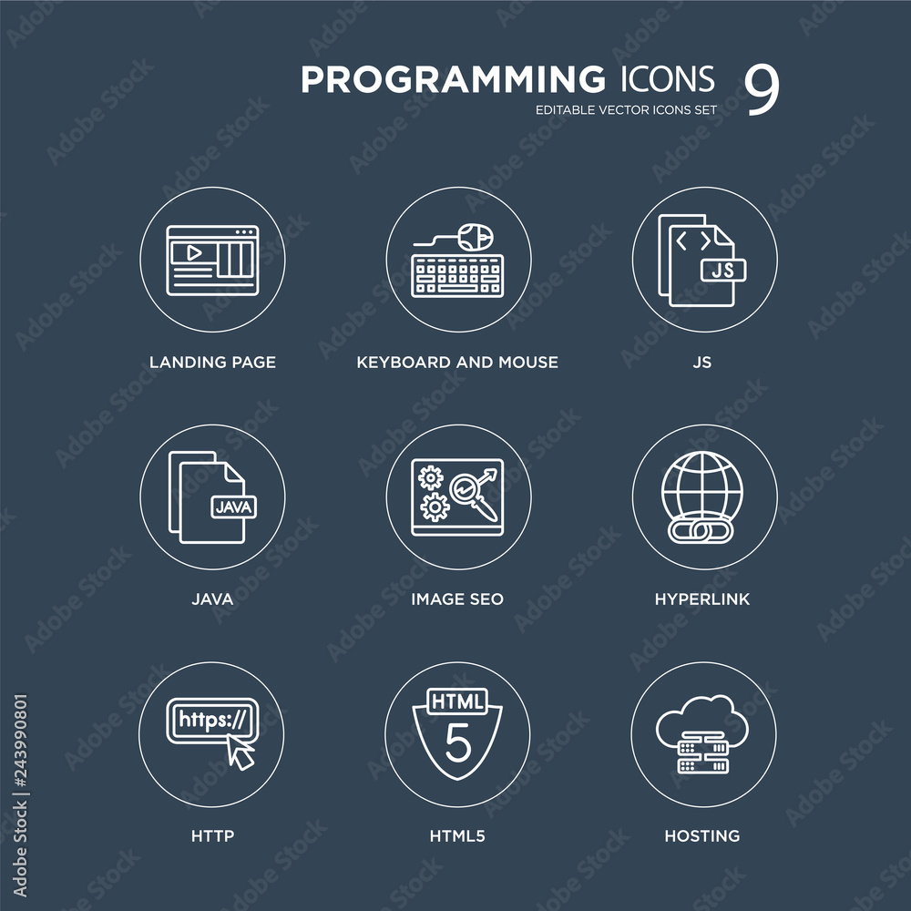9 Landing page, Keyboard and mouse, Http, Hyperlink, Image SEO, Js, Java, Html5 modern icons on black background, vector illustration, eps10, trendy icon set. 9 Landing page, Keyboard and mouse, Http, Hyperlink, Image SEO, Js, Java, Html5 modern icons on black background, vector illustration, eps10, trendy icon set.