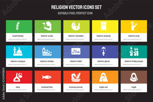 Set of 15 flat religion icons - Israel Barley, Islamic Wudu, Incense burner, Pray, Isha, Ghusl, Friday Prayer, Hijab veil. Vector illustration isolated on colorful background