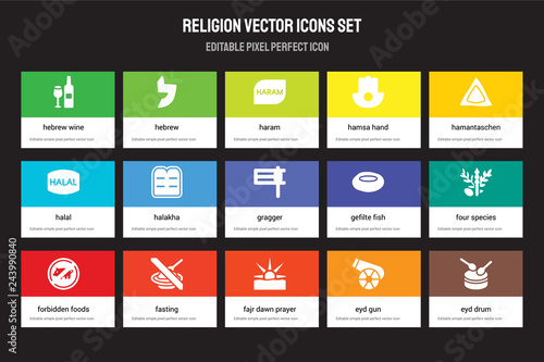 Set of 15 flat religion icons - Hebrew Wine, Hebrew, Fajr dawn Prayer, Hamantaschen, Forbidden Foods, Gefilte Fish, Four Species, Eyd Gun. Vector illustration isolated on colorful background