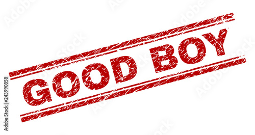 GOOD BOY seal print with distress texture. Red vector rubber print of GOOD BOY tag with unclean texture. Text title is placed between double parallel lines.