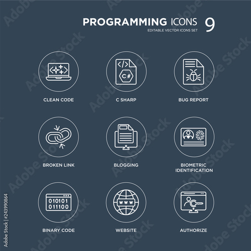 9 Clean code, C sharp, Binary Biometric identification, Blogging, Bug report, Broken link, Website modern icons on black background, vector illustration, eps10, trendy icon set.
