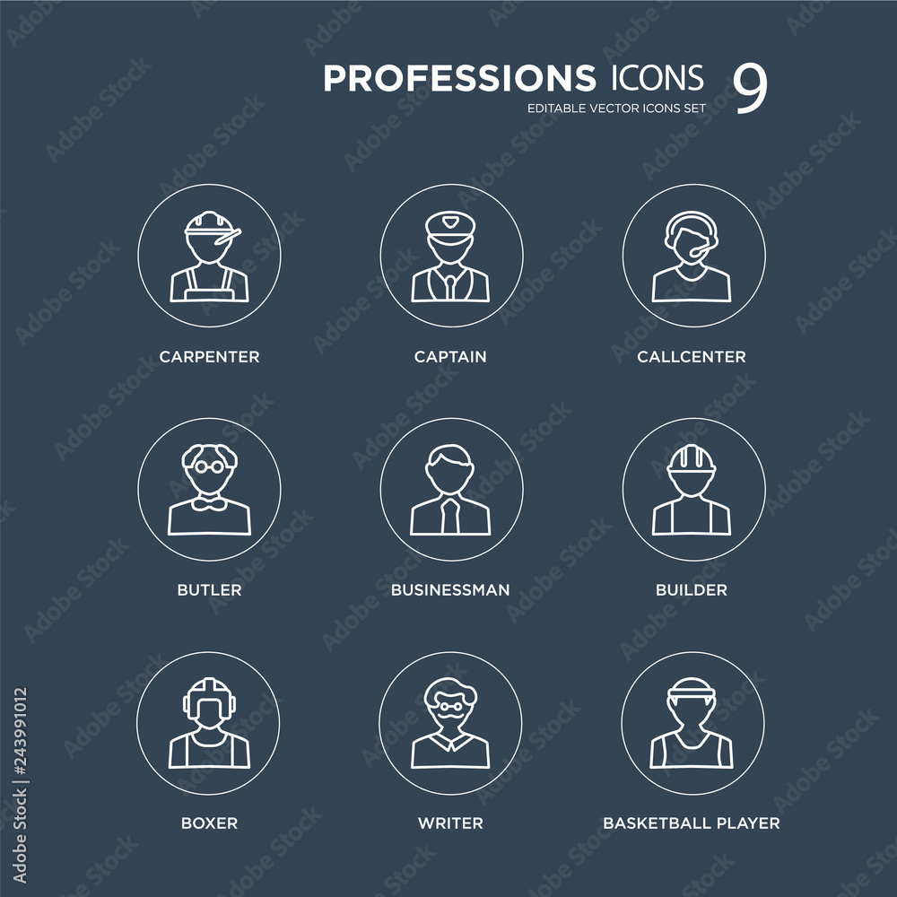 9 carpenter, captain, Boxer, Builder, Businessman, Callcenter, Butler, Writer modern icons on black background, vector illustration, eps10, trendy icon set. 9 carpenter, captain, Boxer, Builder, Businessman, Callcenter, Butler, Writer modern icons on black background, vector illustration, eps10, trendy icon set.