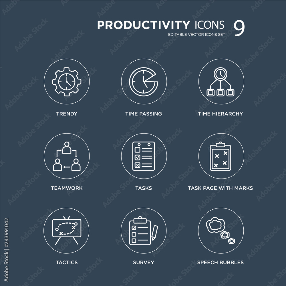 9 Trendy, Time passing, Tactics, Task page with marks, Tasks, hierarchy, Teamwork, Survey modern icons on black background, vector illustration, eps10, trendy icon set. 9 Trendy, Time passing, Tactics, Task page with marks, Tasks, hierarchy, Teamwork, Survey modern icons on black background, vector illustration, eps10, trendy icon set.