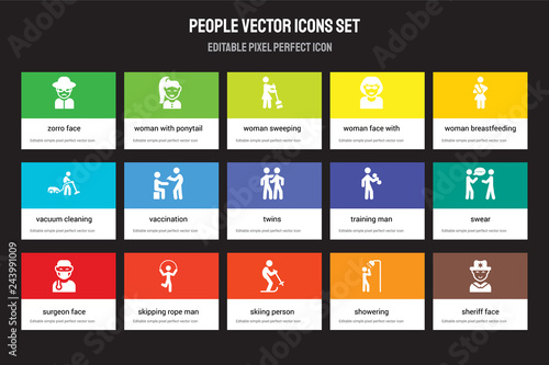 Set of 15 flat people icons - Zorro face, Woman with ponytail Skiing person, Breastfeeding, Surgeon face. Vector illustration isolated on colorful background