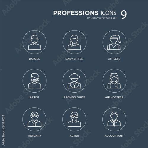 9 Barber, Baby sitter, Actuary, Air hostess, Archeologist, athlete, Artist, Actor modern icons on black background, vector illustration, eps10, trendy icon set.