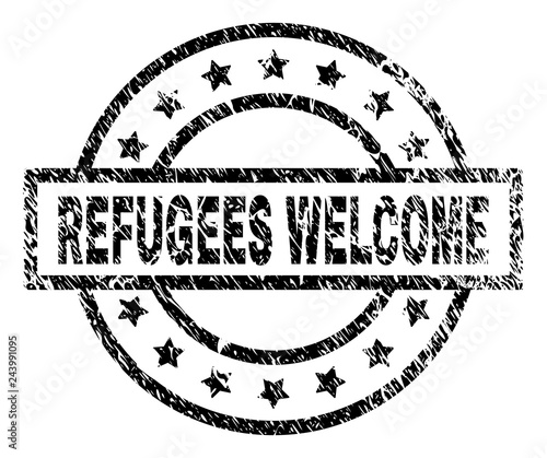 REFUGEES WELCOME stamp seal watermark with distress style. Designed with rectangle, circles and stars. Black vector rubber print of REFUGEES WELCOME caption with retro texture.