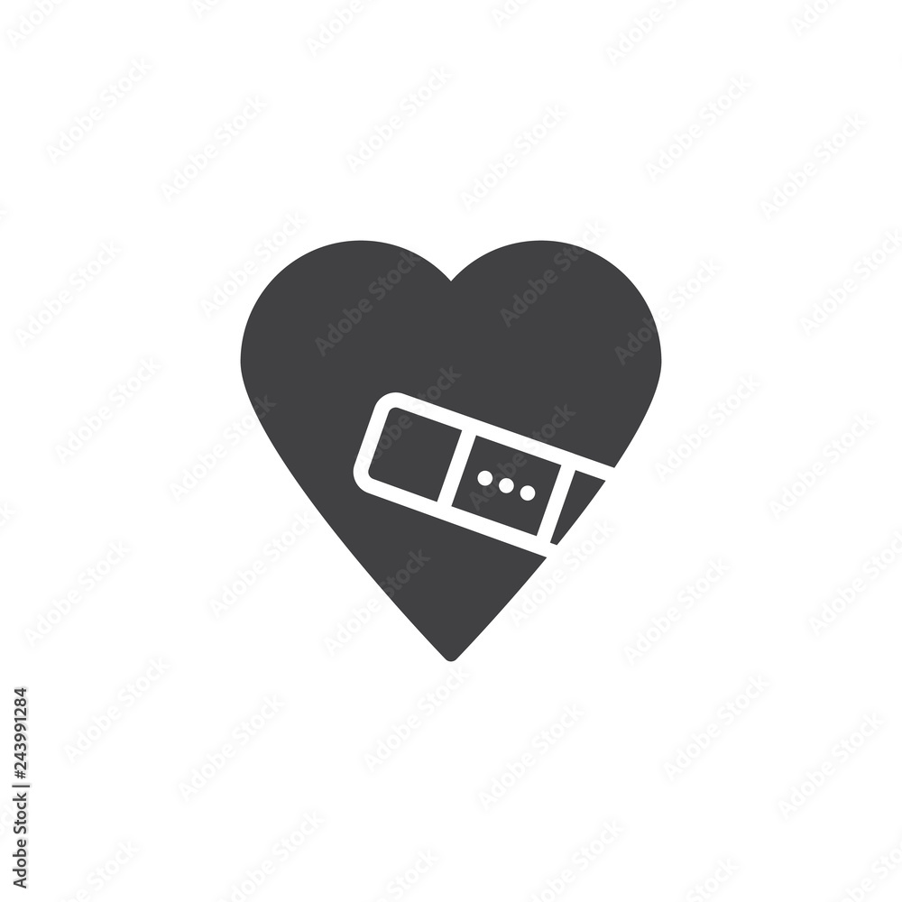 Injured Love vector icon. filled flat sign for mobile concept and web design. Heart fixed with plaster simple solid icon. Love and valentine day symbol, logo illustration. Pixel perfect vector Injured Love vector icon. filled flat sign for mobile concept and web design. Heart fixed with plaster simple solid icon. Love and valentine day symbol, logo illustration. Pixel perfect vector