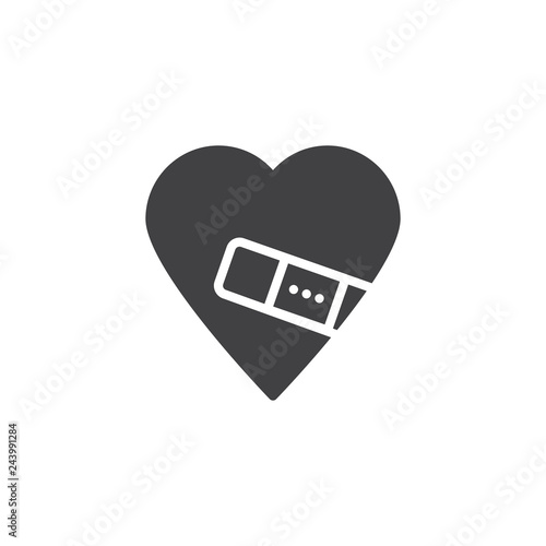 Injured Love vector icon. filled flat sign for mobile concept and web design. Heart fixed with plaster simple solid icon. Love and valentine day symbol, logo illustration. Pixel perfect vector