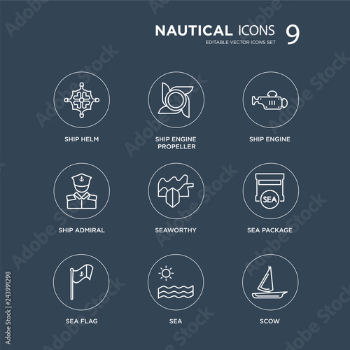 9 ship Helm, Ship Engine Propeller, sea flag, Package, Seaworthy, Engine, Admiral, Sea modern icons on black background, vector illustration, eps10, trendy icon set.