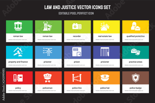 Set of 15 flat law and justice icons - roman law, Roman Police line, qualified protection, policy, Prisioner, practise areas, hat. Vector illustration isolated on colorful background