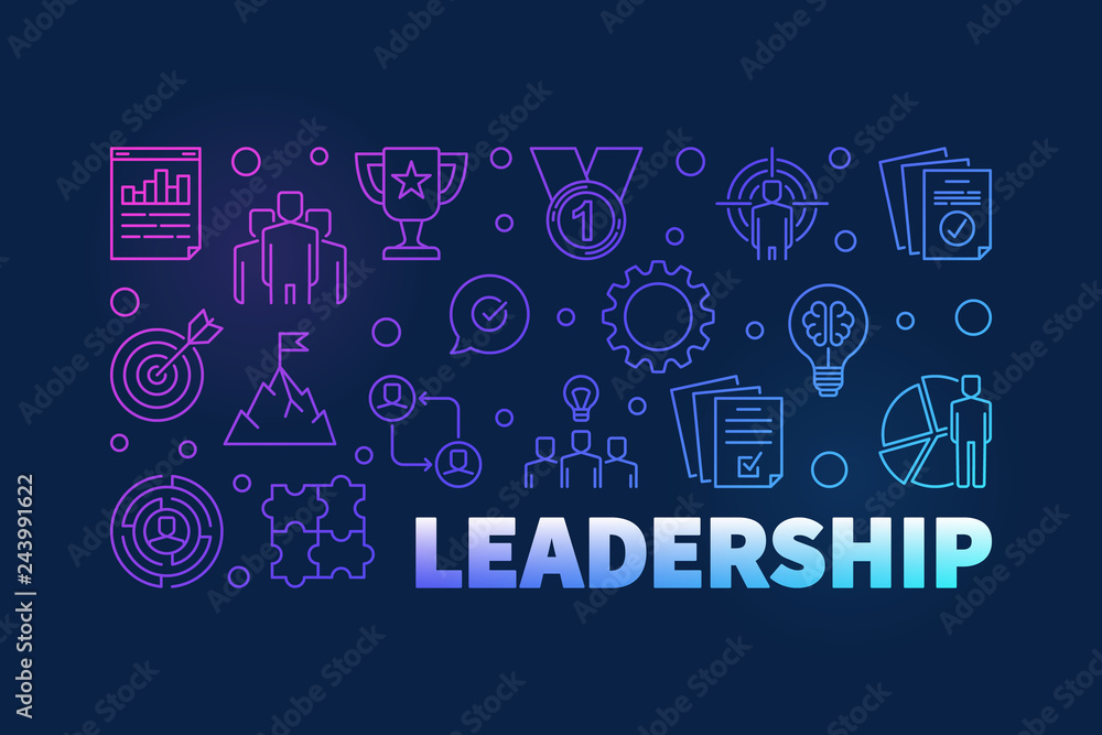 Leadership vector colored horizontal outline illustration or banner on dark background