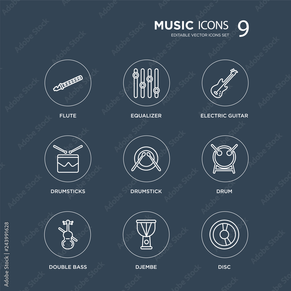 9 Flute, Equalizer, Double bass, Drum, Drumstick, Electric guitar, Drumsticks, Djembe modern icons on black background, vector illustration, eps10, trendy icon set. 9 Flute, Equalizer, Double bass, Drum, Drumstick, Electric guitar, Drumsticks, Djembe modern icons on black background, vector illustration, eps10, trendy icon set.