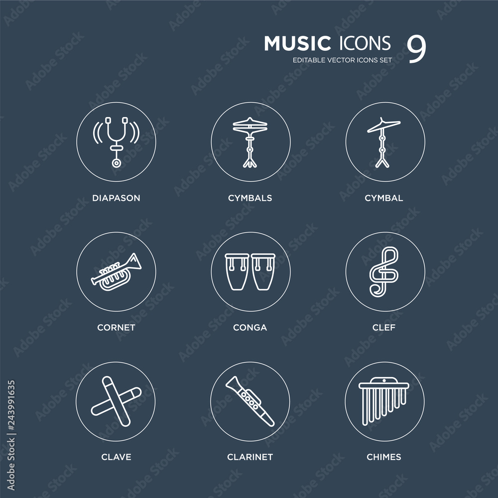 9 Diapason, Cymbals, Clave, Clef, Conga, Cymbal, cornet, Clarinet modern icons on black background, vector illustration, eps10, trendy icon set. 9 Diapason, Cymbals, Clave, Clef, Conga, Cymbal, cornet, Clarinet modern icons on black background, vector illustration, eps10, trendy icon set.