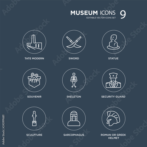 9 Tate modern, Sword, Sculpture, Security guard, Skeleton, Statue, Souvenir, Sarcophagus modern icons on black background, vector illustration, eps10, trendy icon set.