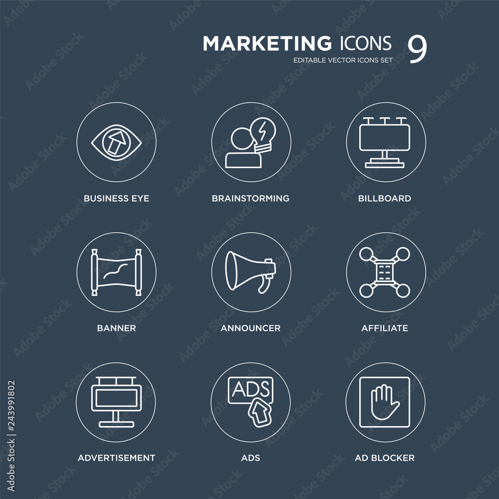 9 business Eye, Brainstorming, Advertisement, Affiliate, Announcer, Billboard, Banner, Ads modern icons on black background, vector illustration, eps10, trendy icon set.